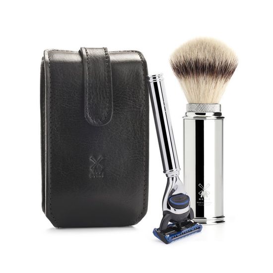 Дорожный бритвенный набор MUEHLE, чехол из натуральной черной кожи, дорожный помазок, дорожная бритва Fusion