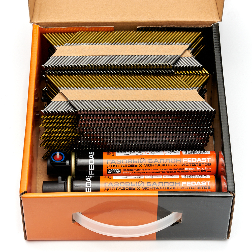 Реечные гвозди по дереву тип D34 (3,05х90 RIBrt кольц.накат. 2000 шт/уп+2 баллона) FEDAST