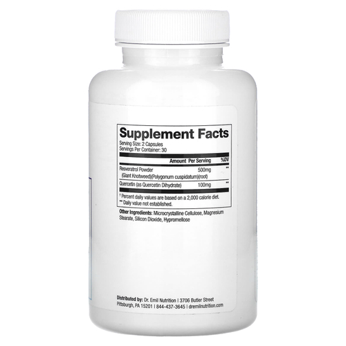 Dr. Emil Nutrition, ресвератрол плюс, 500 мг, 60 капсул (250 мг в 1 капсуле)