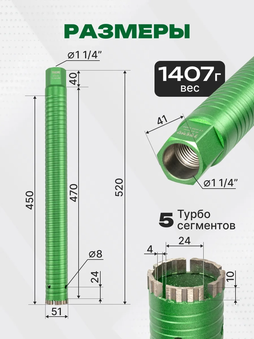 Алмазная коронка по бетону 51 мм 1 1/4" длина 450 мм
