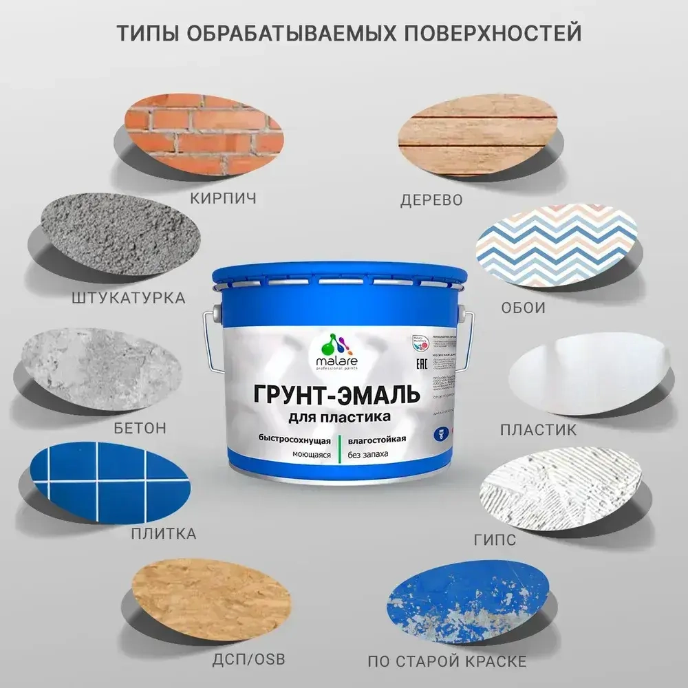 Грунт-Эмаль для пластика Malare краска для пластика/ для сайдинга, для окон и подоконников ПВХ/ для внутренних и наружных работ, быстросохнущая, матовый, белый, 0.8 кг.
