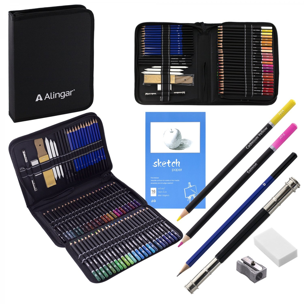 Набор художественный Alingar, 96 предм в пенале(цвет,ч/г,уголь.карандаши,ластик,наждач.блок,точилка, растирка,кисть,удлин для каран,скетчбук)