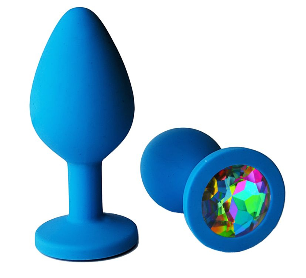 Голубая анальная пробка с радужным кристаллом - 7 см. (Цвет: разноцветный)