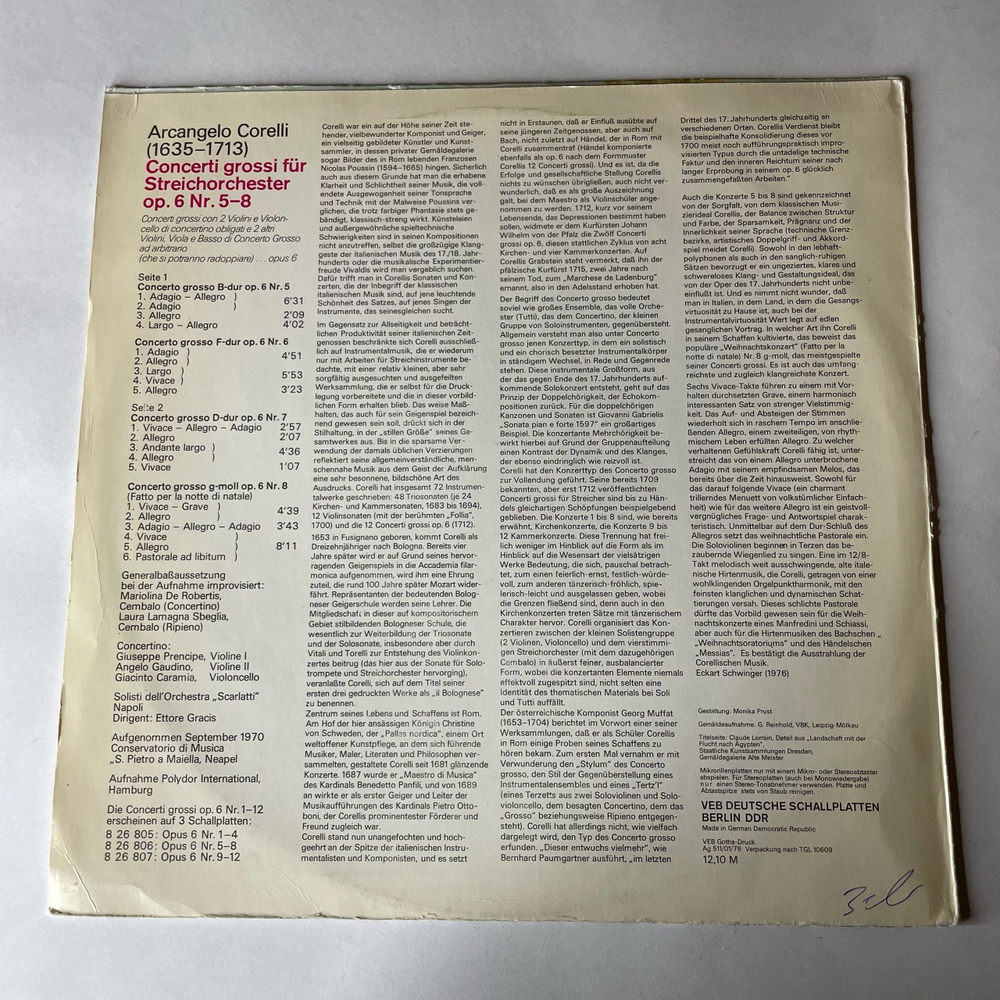 Винтажная виниловая пластинка LP Corelli Корелли, Solisti Dell'Orchestra Scarlatti Napoli, Ettore Gracis, Concerti Grossi Op. 6 Nr. 5 8 (ГДР 1976)