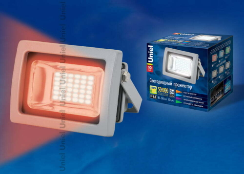 ULF-S04-10W/RED IP65 85-265В GREY Прожектор светодиодный. Мощность 10 Вт. Корпус серый. Цвет свечения красный. Степень защиты IP65. Упаковка картон. Т