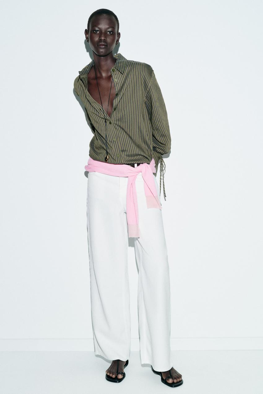 ZARA РУБАШКА В ПОЛОСКУ С ЗАВЯЗКАМИ, ТЕМНЫЙ ХАКИ