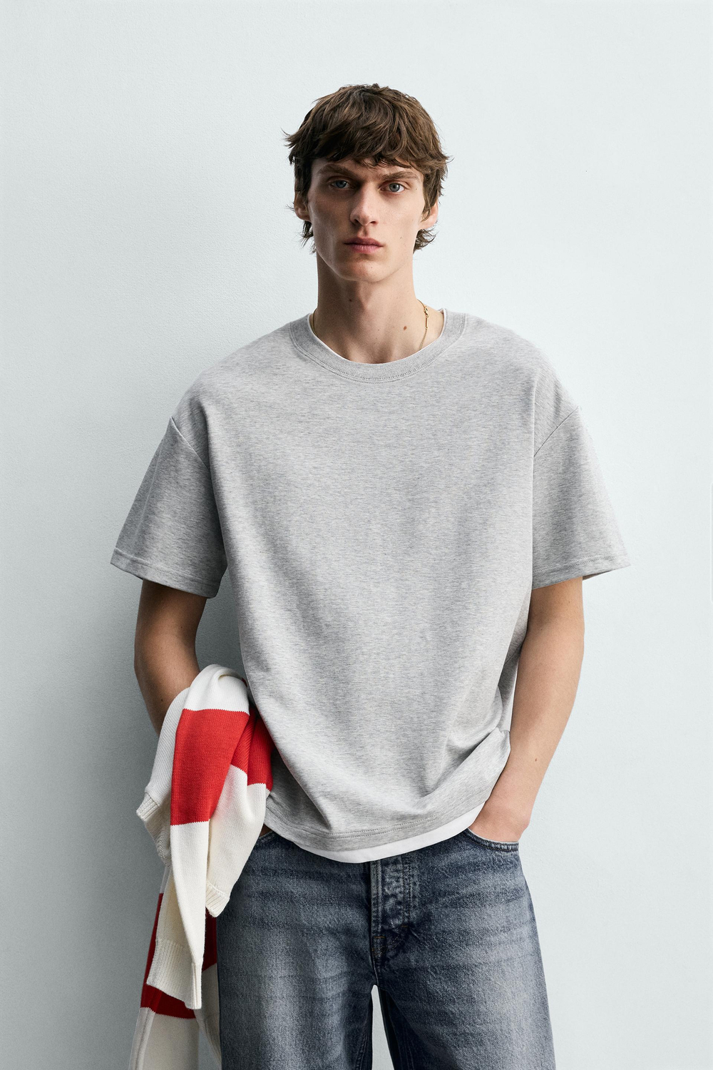 ZARA ФУТБОЛКА С ДВОЙНОЙ КОНТРАСТНОЙ ОТДЕЛКОЙ, СЕРЫЙ МЕЛАНЖ