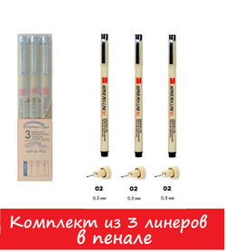 Комплект из 3-х линеров для скетчинга в пенале/ толщина линеров 02, 02, 02 (0,3мм; 0,3мм; 0,3мм)