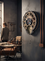 Интерьер в стиле лофт с часами-метеостанцией WOODandROOT Automaton 1722 на металлической стене — атмосфера мастерской и теплый свет через окно