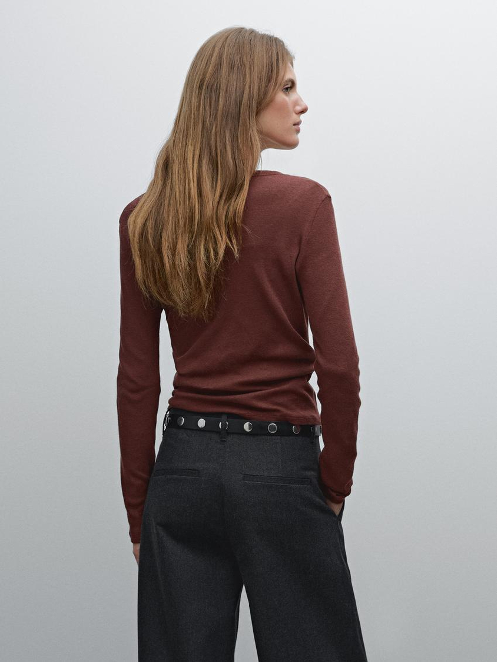 Massimo Dutti Футболка из смесового хлопка, бургундский