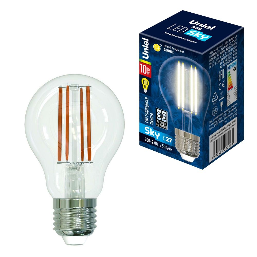 LED-A60-10W/WW/E27/CL PLS02WH Лампа светодиодная. Форма A, прозрачная. Серия Sky. Теплый белый свет (3000K). Картон. ТМ Uniel