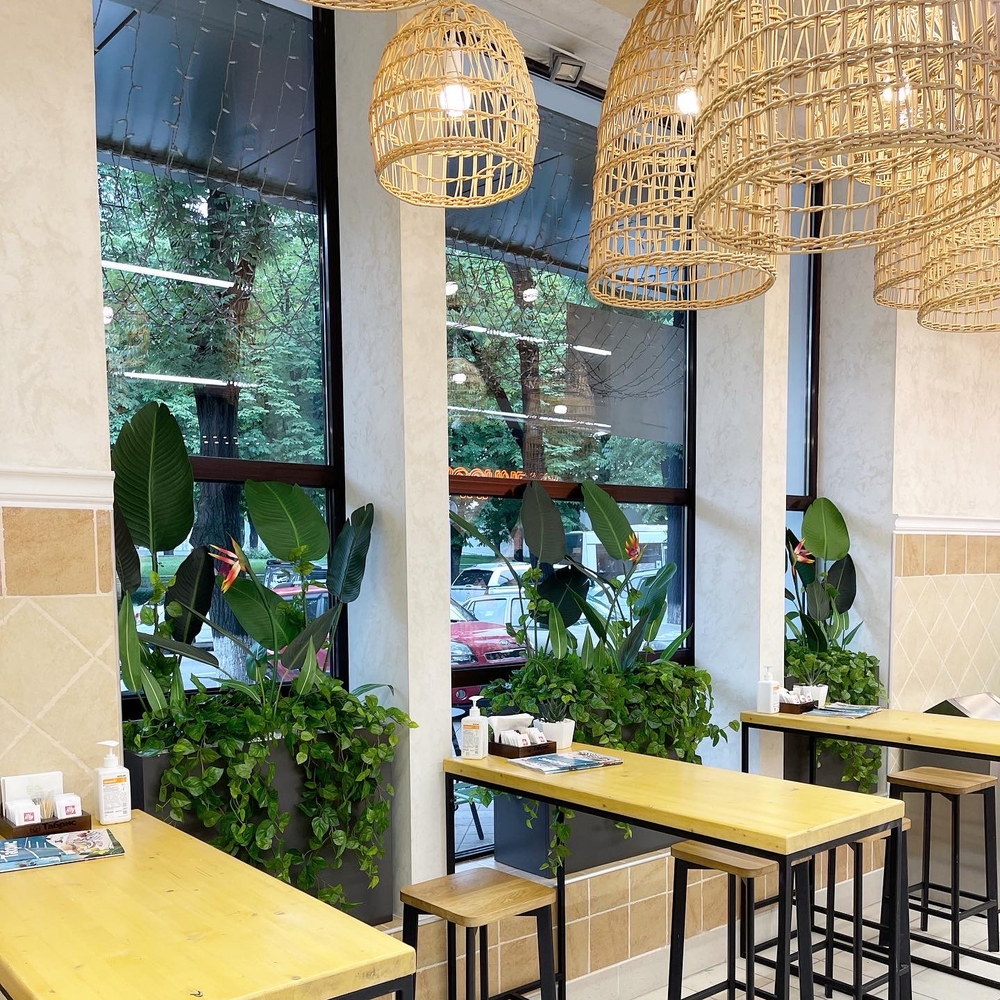 Озеленение искусственными стрелициями и ампельными растениями кафе в супермаркете "Табрис"  г.Краснодар