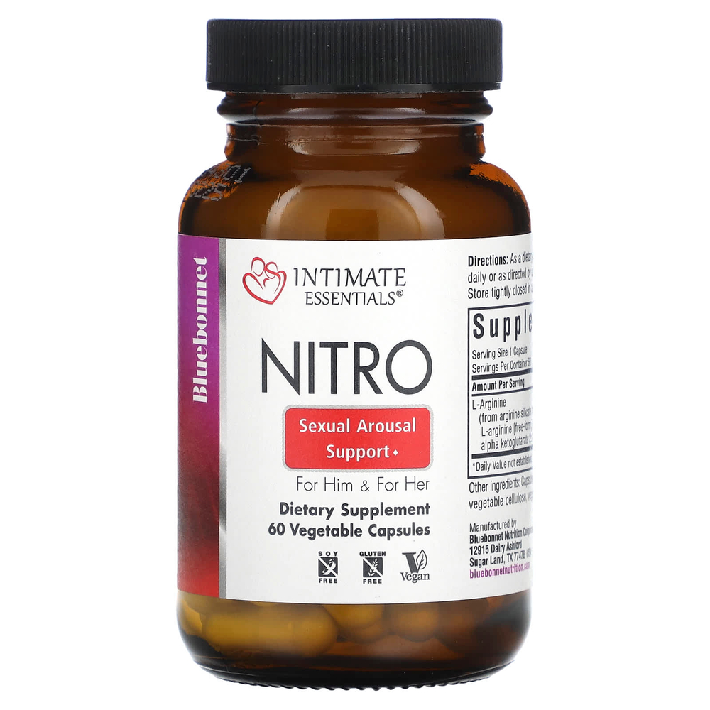 Bluebonnet Nutrition, Intimate Essentials, Nitro, для мужчин и для нее, 60 растительных капсул (300 мг в 1 капсуле)