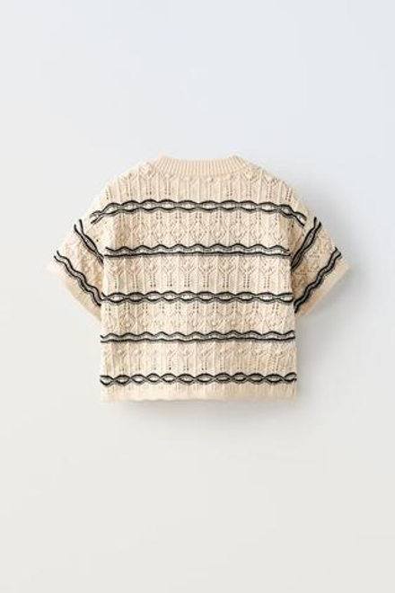 ZARA ФУТБОЛКА ИЗ КРУЖЕВА КРОШЕ, ЭКРЮ