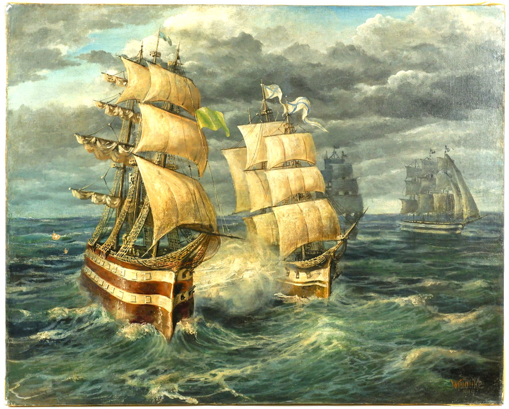 Рудикке В (?). Морское сражение. Холст, масло. Голландия. 1919.