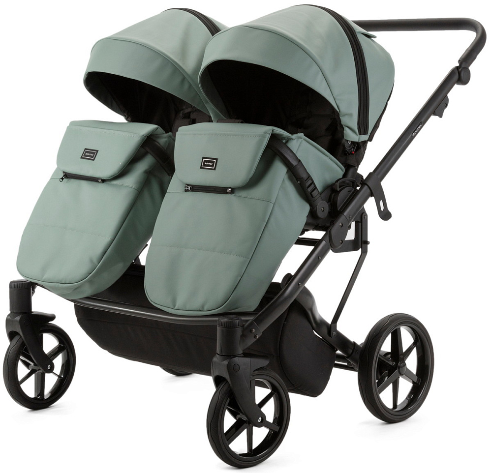 Детская коляска для двойни Adamex Leo Duo Deluxe 2 в 1 DUO-SA20 (СЕРО-ЗЕЛЁНАЯ КОЖА)