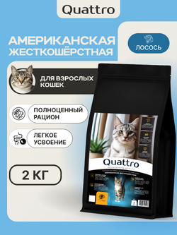 Корм сухой для взрослых кошек породы Американская жесткошёрстная, с лососем, 2 кг, QUATTRO
