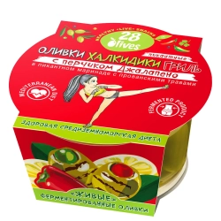 Оливки Халкидики ГРИЛЬ с перчиком Джалапено в маринаде с прованскими травами 28Olives, 150 г, упаковка спереди