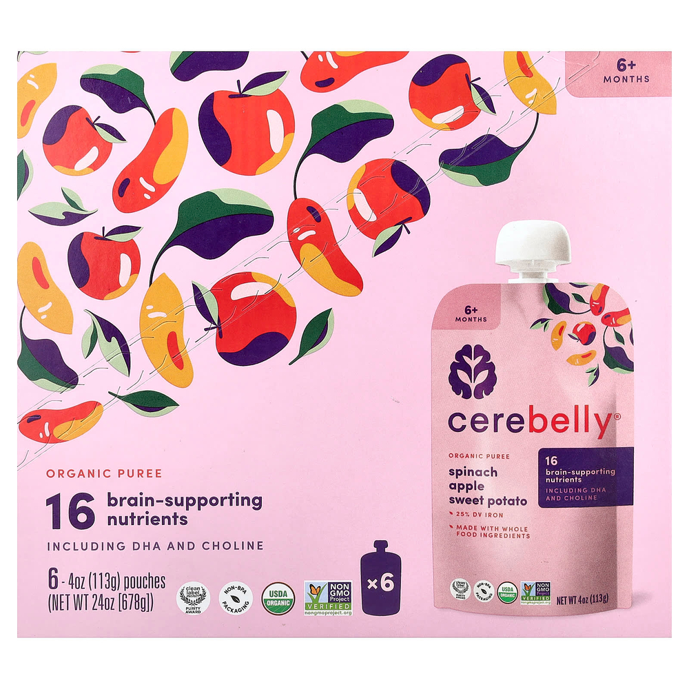 Cerebelly, органическое пюре, для детей от 6 месяцев, шпинат, яблоко, батат, 6 пакетиков по 113 г (4 унции)