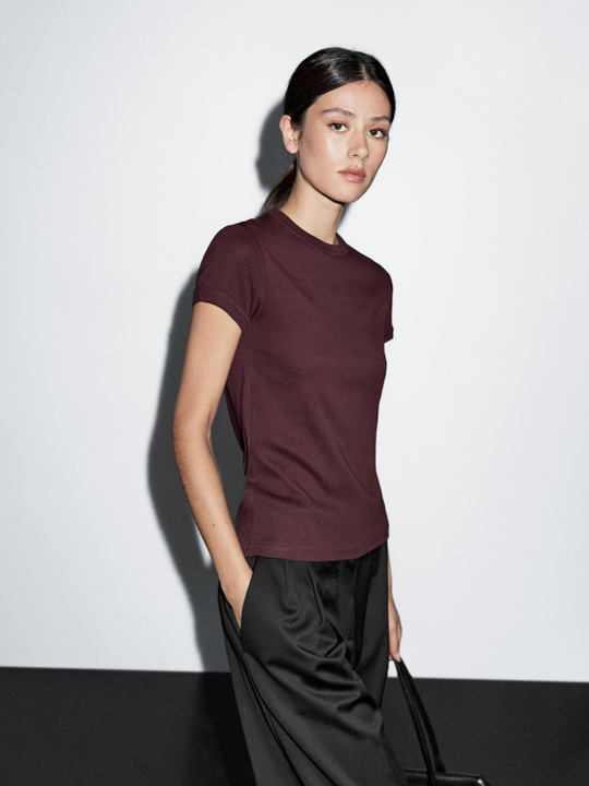 Massimo Dutti Футболка с коротким рукавом из 100% хлопка, бордо