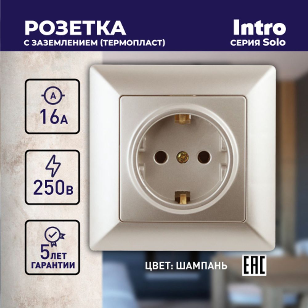 Розетка Intro Solo 4-202-04 с заземлением 2P+E Schuko, 16А-250В, IP20, СУ, шампань