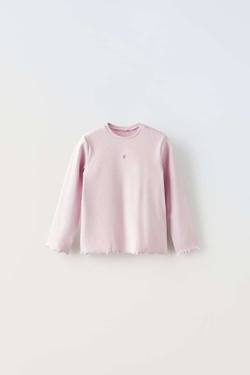 ZARA ФУТБОЛКА В РУБЧИК С ВЫШИВКОЙ, РОЗОВЫЙ