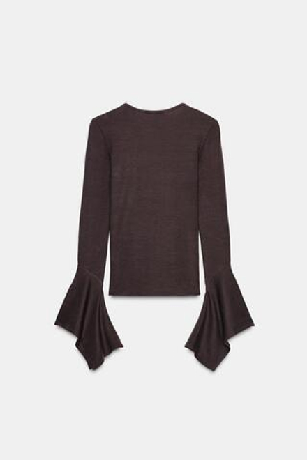 ZARA ФУТБОЛКА С ДЛИННЫМИ РУКАВАМИ И ВОЛАНОМ, ШОКОЛАДНЫЙ