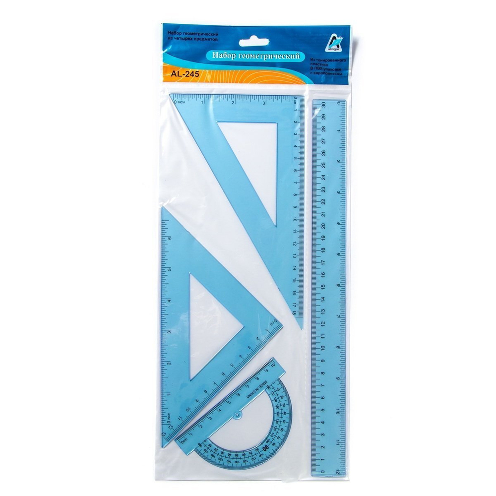 Набор чертежный Alingar, 30 см, пластиковый, 4 предмета, цвета ассорти, пакет ПВХ с европодвесом
