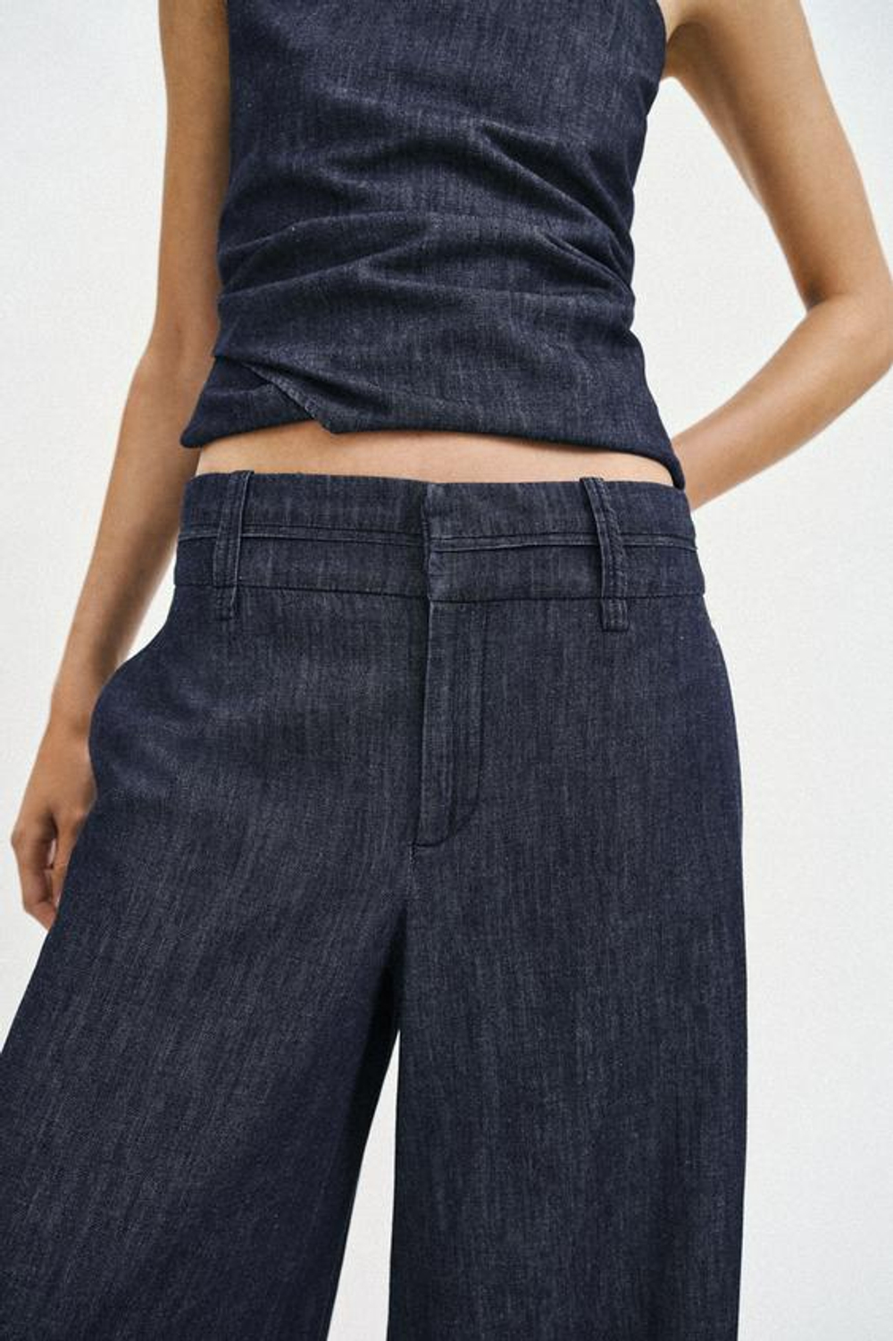 ZARA ШИРОКИЕ БРЮКИ ИЗ СМЕСОВОГО ЛЬНА, ИНДИГО