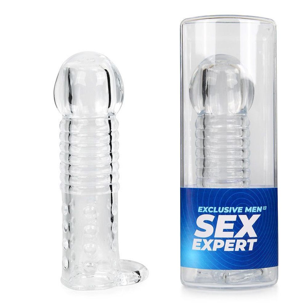 Прозрачная рельефная насадка-реалистик с петлей для мошонки - 13,5 см. (Цвет: прозрачный)