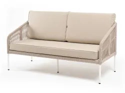 "Канны" диван 2-местный плетеный из роупа, каркас алюминий белый муар, роуп бежевый круглый, ткань бежевая 052