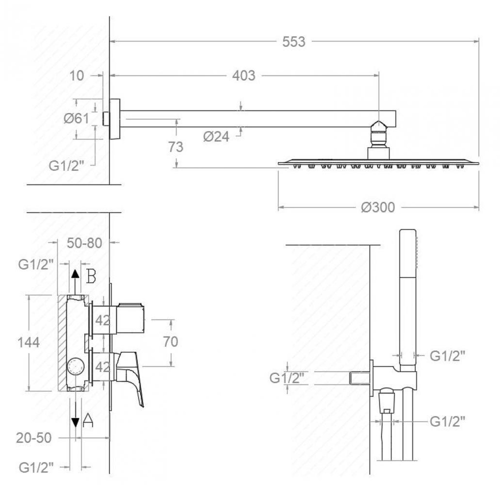 Встраиваемый смеситель для душа с тропическим и ручным душем URBAN CHIC K2115022OC золотой