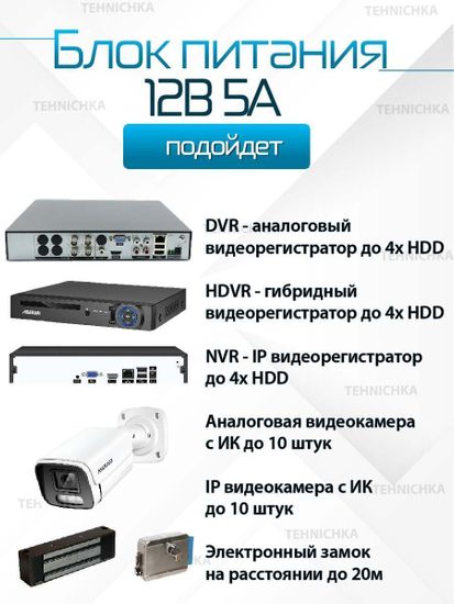 Блок питания 12V 5A, сетевой адаптер 12В 5А, универсальный, для видеонаблюдения, светодиодных лент, приставок Триколор, НТВ, Ростелеком. Штекер 5.5x2.5 мм.