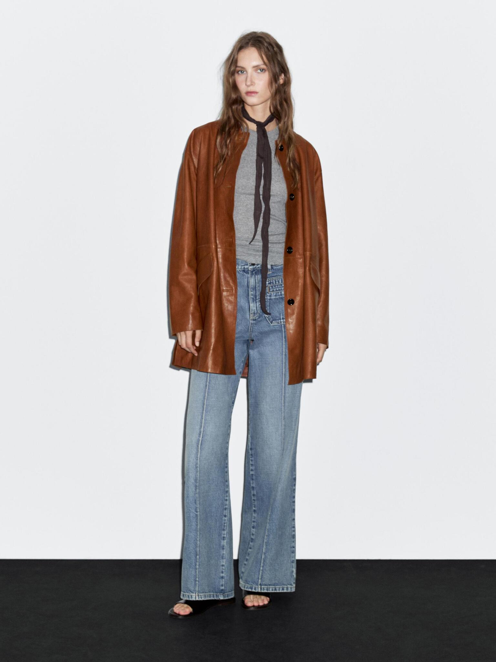 Massimo Dutti Длинное пальто из кожи наппа, цвет верблюжьей шерсти