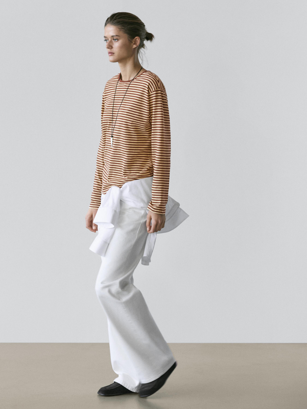 Massimo Dutti Футболка из хлопка в полоску с длинными рукавами, коричневый