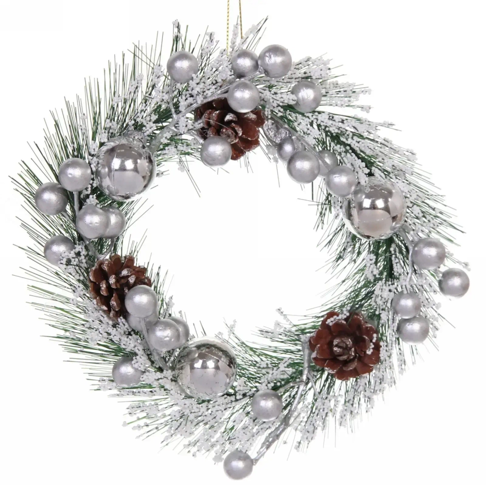 Венок новогодний d-20 см «Морозный иней», серебро