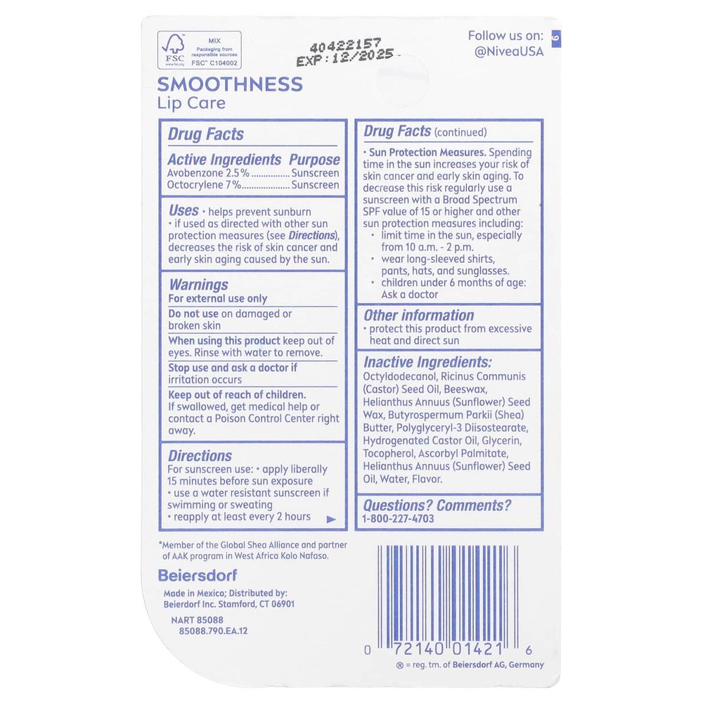Nivea, Smoothness Lip Care, SPF 15, 4,8 г (0,17 унции)