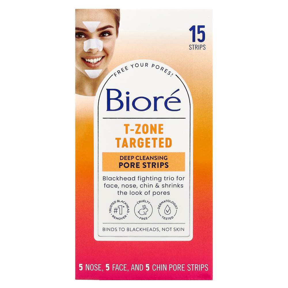 Biore, Полоски для глубокого очищения пор, целевые T-зоны, 15 полосок