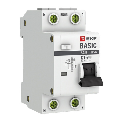 Дифференциальный автомат 1P+N C16А 30мА тип АС однофазный электронный 4,5кА АД-12 Basic EKF (дифавтомат, АВДТ) DA12-16-30-bas
