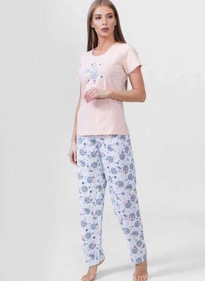 Оригинальный комплект с серыми принтованными брюками (Размер: S) (Цвет: персиковый)