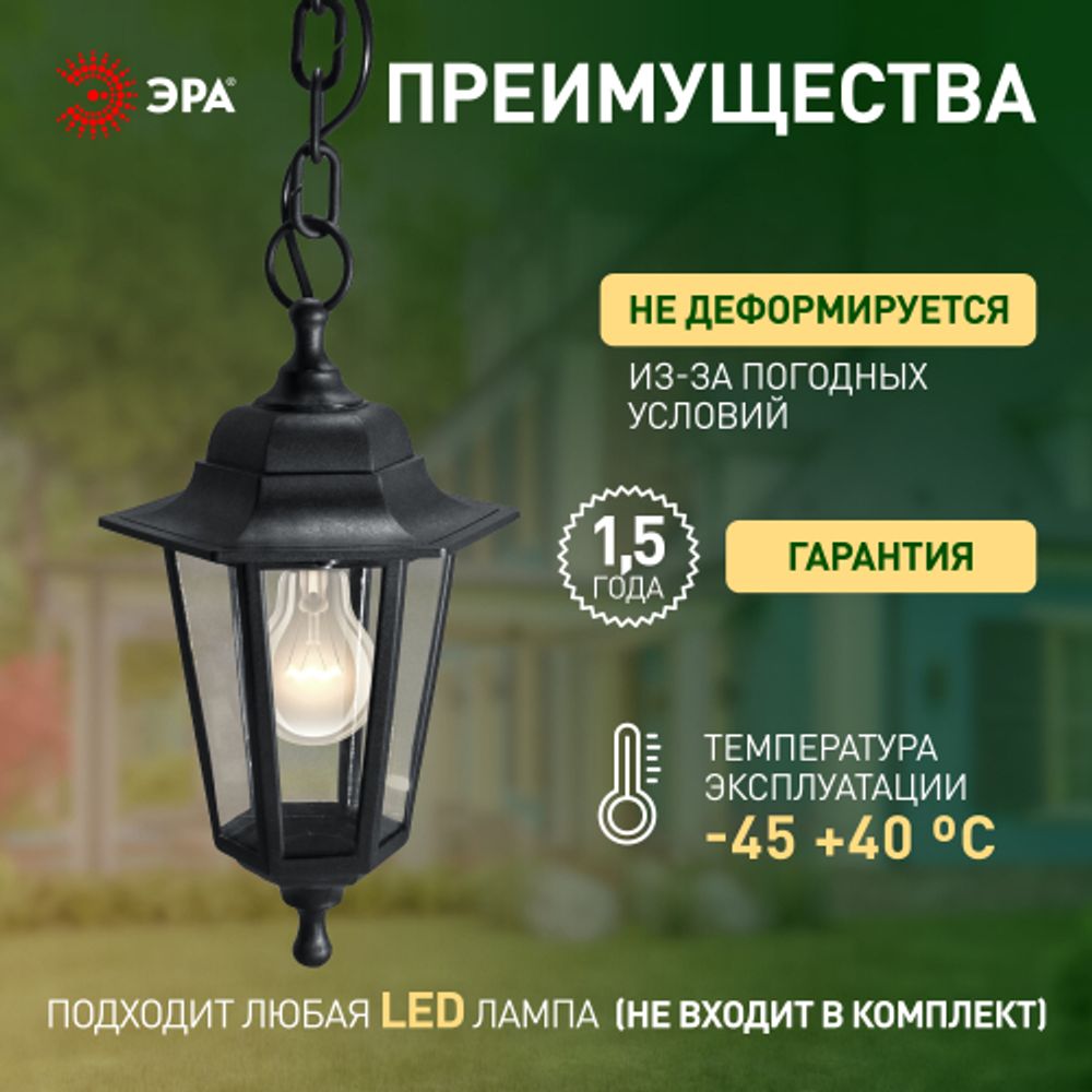 Садово-парковый светильник ЭРА НСУ 06-60-001 черный 6 гранный подвесной IP44 Е27 max60Вт | Садово-парковые светильники