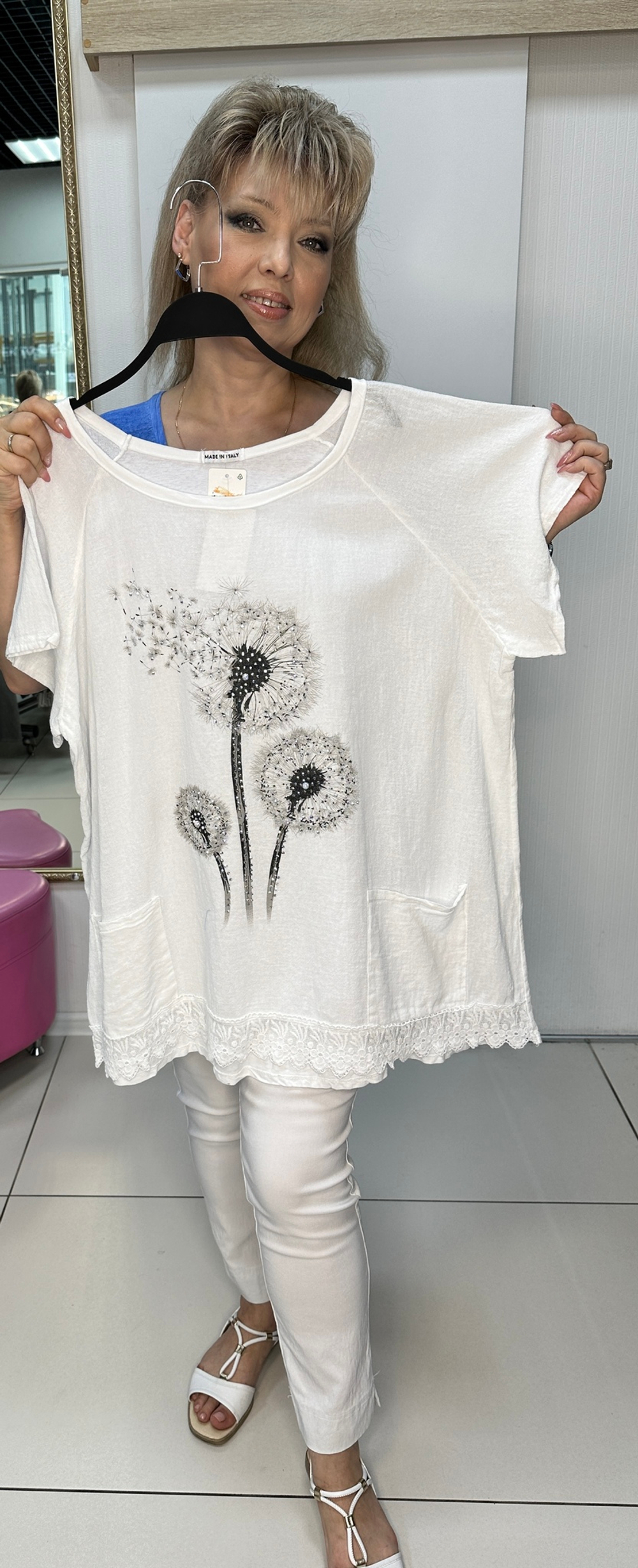 Комбинированная футболка-туника с изображением одуванчиков