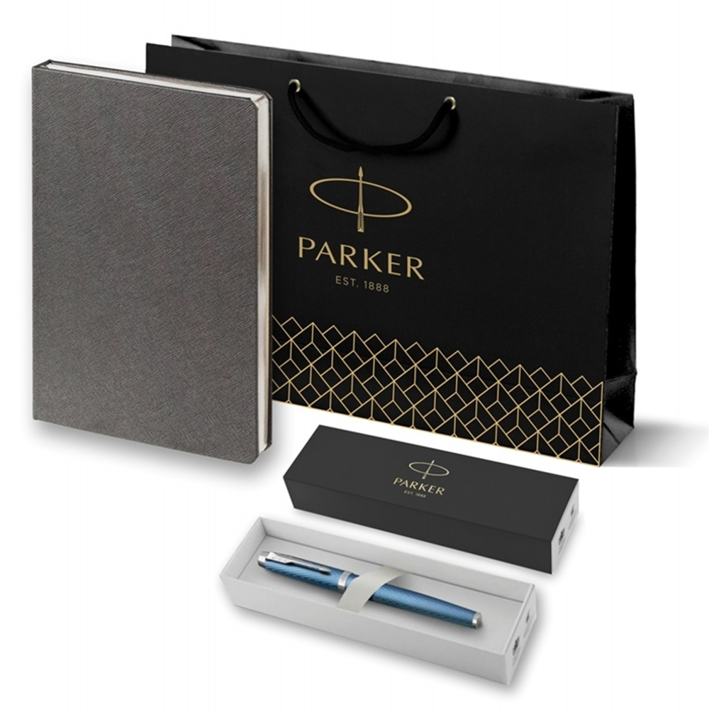Подарочный набор: Ручка роллер Parker IM Premium T318 Blue Grey CT, цвет чернил черный и  ежедневник серебристого цвета