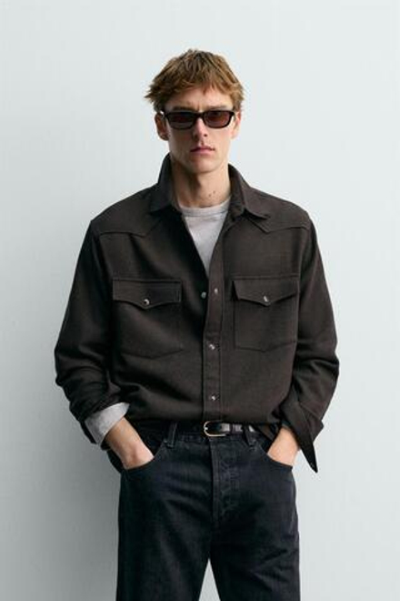 ZARA Х AARON LEVINE РУБАШКА В СТИЛЕ ВЕСТЕРН ИЗ ШЕРСТИ, ТЕМНО-КОРИЧНЕВЫЙ