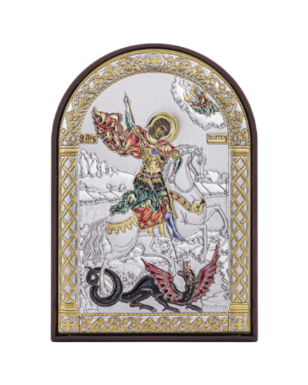 Георгий Победоносец, икона арочная, пластик коричневый, эмаль 62x88