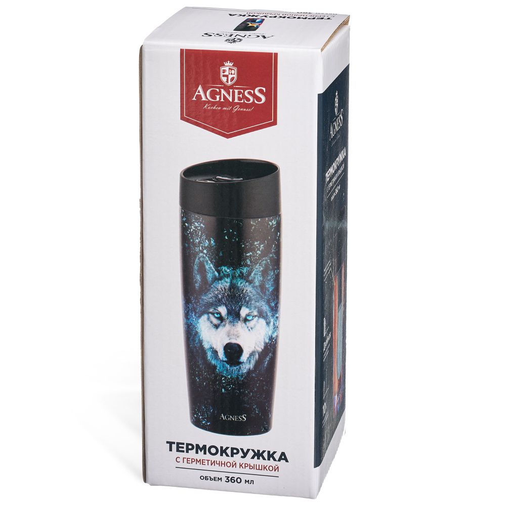 ТЕРМОКРУЖКА AGNESS "ВОЛК" 360МЛ, КОЛБА НЕРЖ.СТАЛЬ 18/10