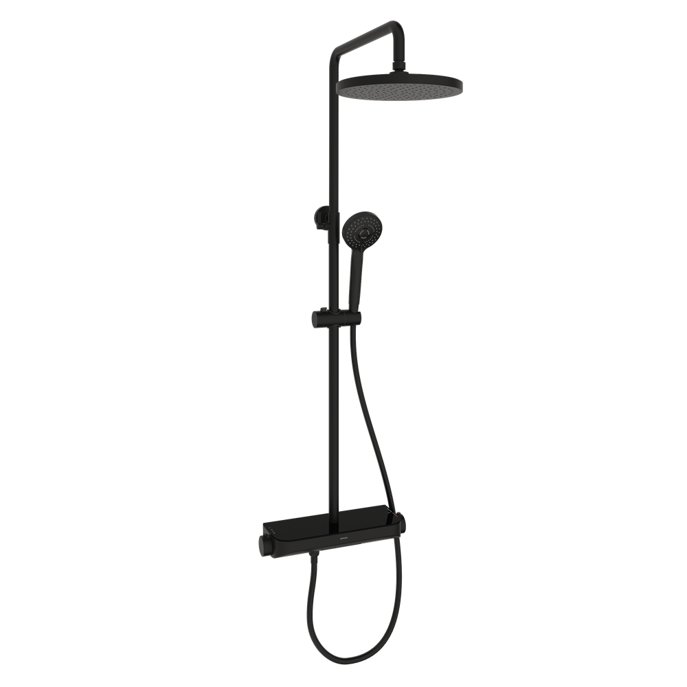 Душевая стойка Sancos Teo с термостатом, изливом и полкой, черный матовый, SC11002MB