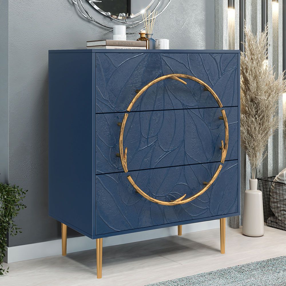 Комод Арт Колор leaves Стайл Голд с 3 ящиками Королевский синий