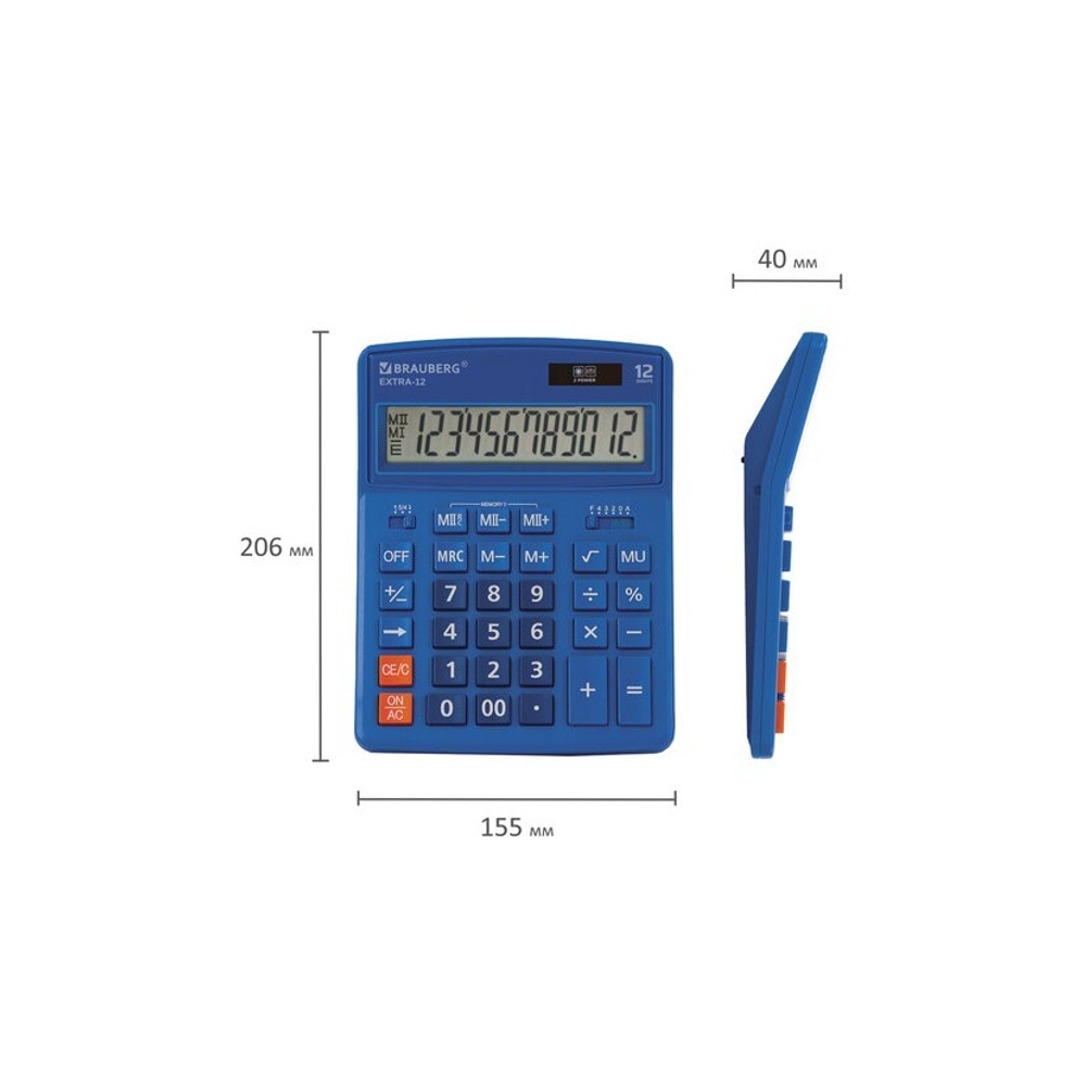 Калькулятор BRAUBERG EXTRA 12р /2 памяти/ (155*206) Синий, COLOR-12-BU