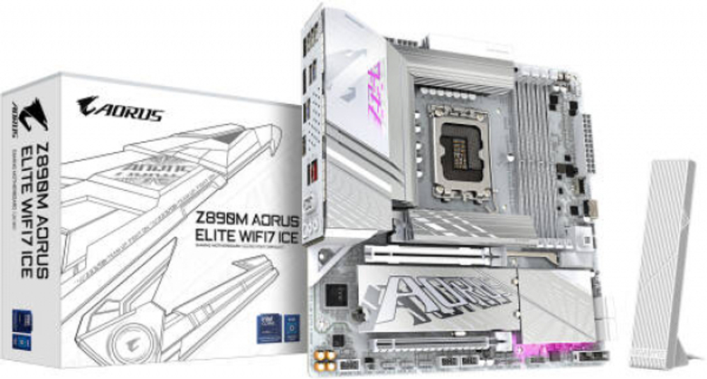 Сист.плата Gigabyte B850 A ELITE WF7 ICE, B850, 4xDDR5, PCI-E5 x16, 3xM.2, SATA6, HDMI, DPx2, Wi-Fi7, LAN2.5GbE, BOX